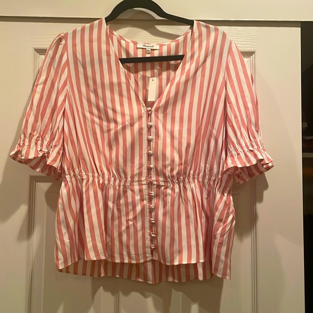 Madewell Striped Peplum Ruffle Sleeve Top